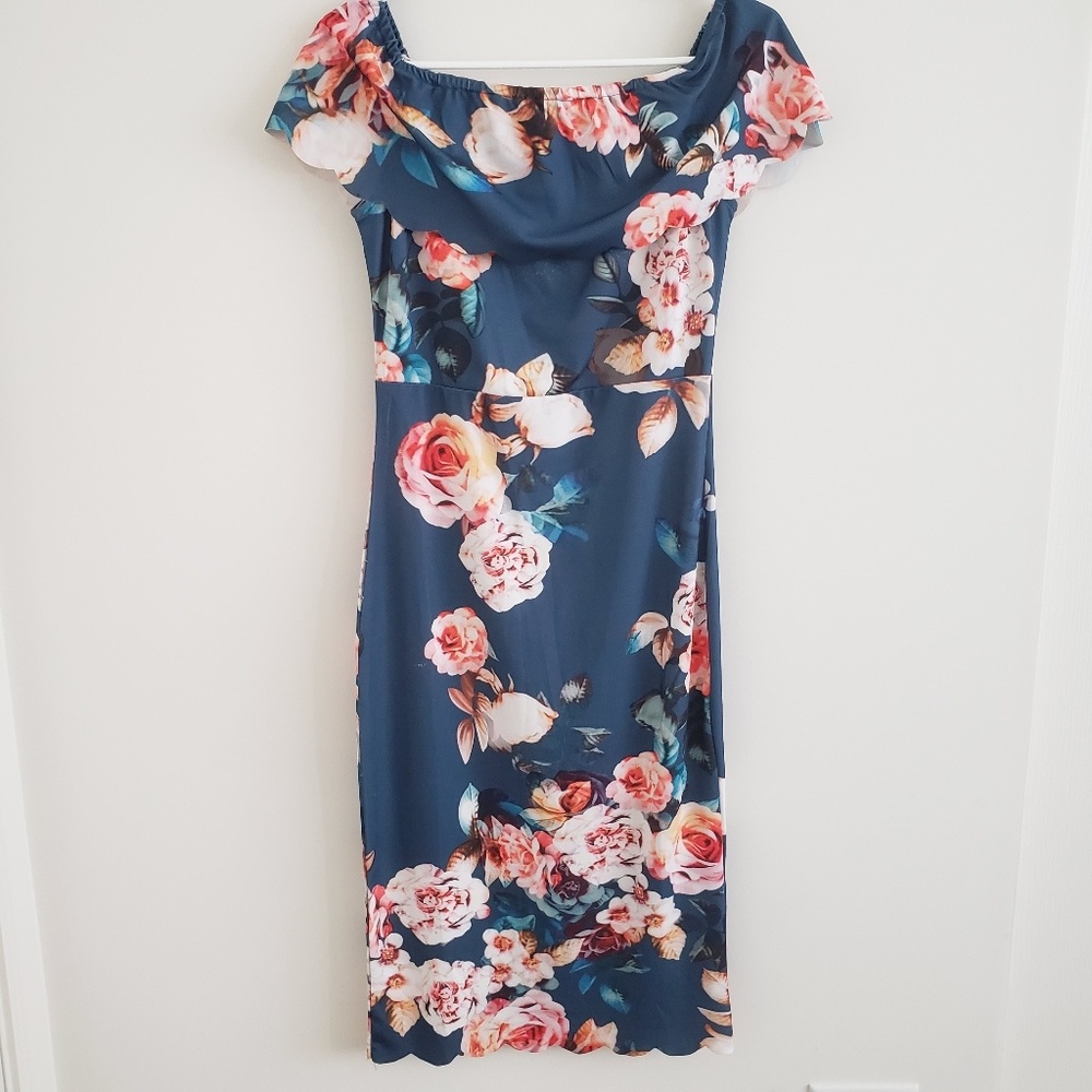 Floral Pencil Dress Knee Length Off Shoulder - Picture 1 of 2
